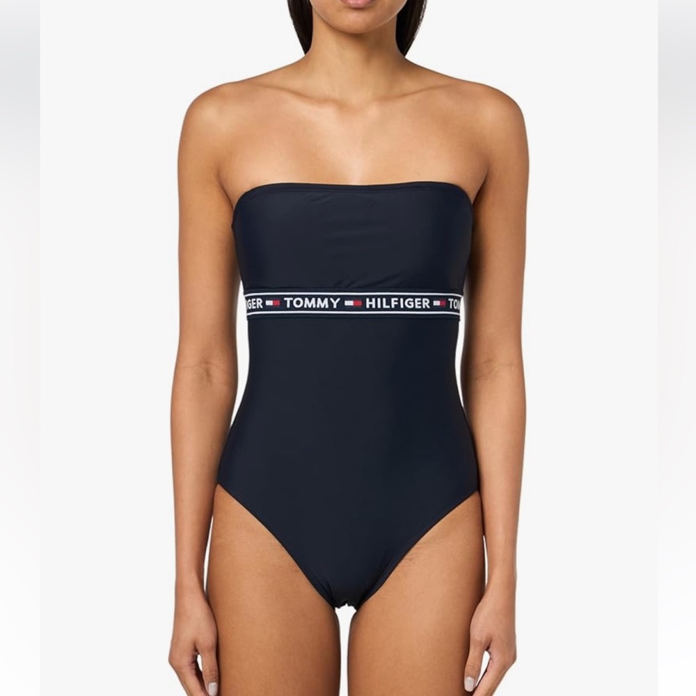 NWT Tommy Hilfiger Navy Strapless One-Piece Swimsuit with Logo Band